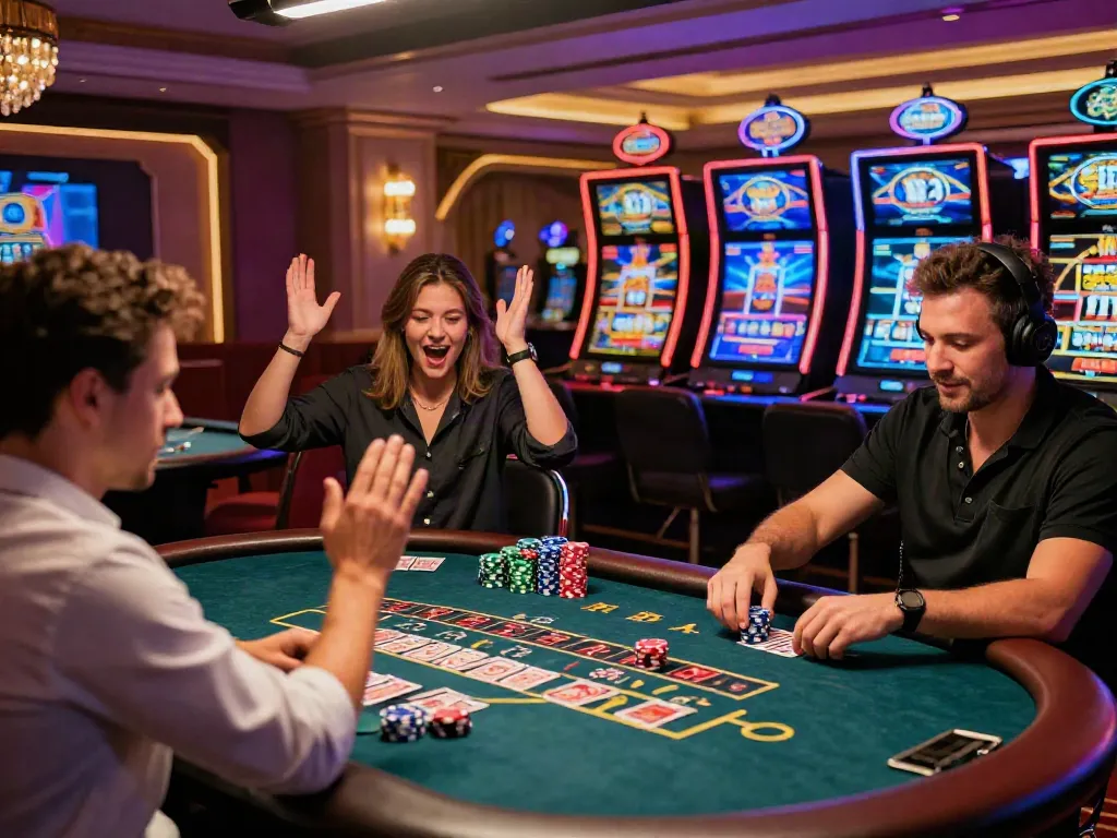 Exciting scene of players celebrating wins at non gamstop casinos UK, showcasing vibrant gaming atmosphere.