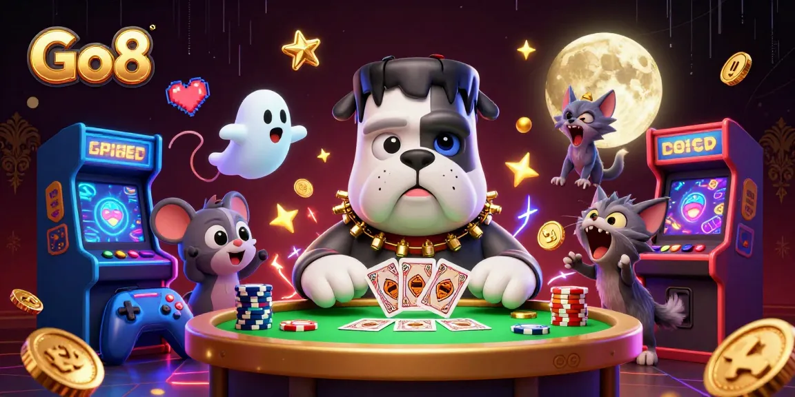 Engage in thrilling gameplay at Go8 with a whimsical scene featuring a whimsical Frankenstein bulldog dealer and vibrant casino themes.