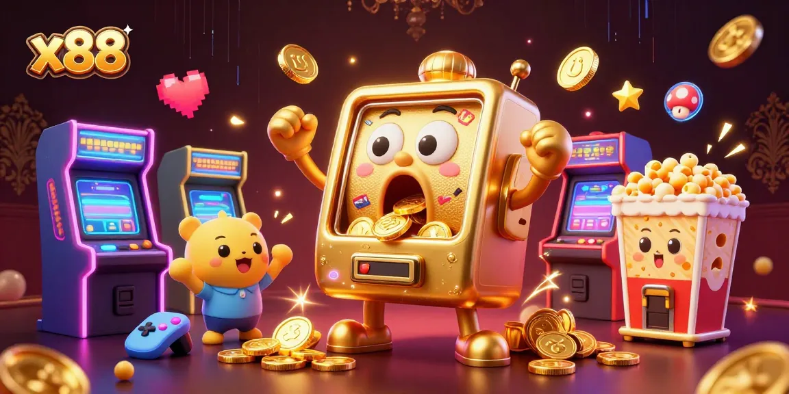 Experience the excitement of x88 with a cartoon slot machine hitting a jackpot surrounded by vibrant arcade games.