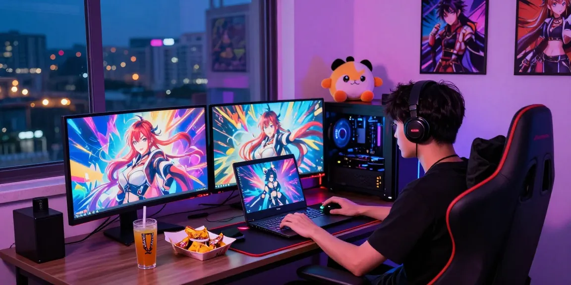Engaged player enjoying a hentai game in a vibrant gaming lounge with LED lights and anime graphics.