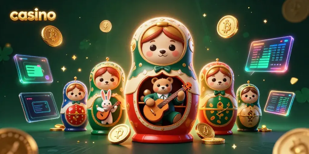 Engage in a vibrant casino scene with playful characters and glowing cryptocurrency elements.