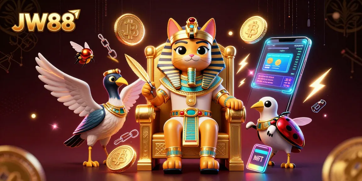 Engage with JW88's vibrant gaming world showcasing a majestic pharaoh cat, treasures, and crypto elements.