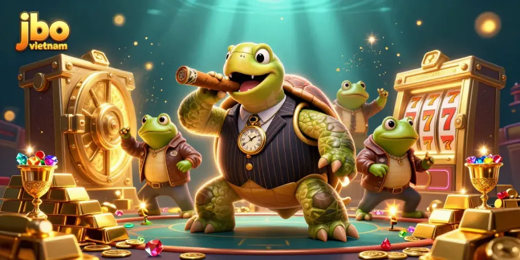 Engage with jbo vietnam's vibrant casino scene featuring a turtle mobster and bullfrog enforcers.