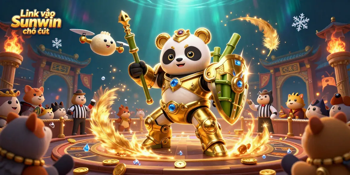 Engage with the excitement of Link vào Sunwin chính thức in a vibrant casino arena scene featuring a mech-suit panda.