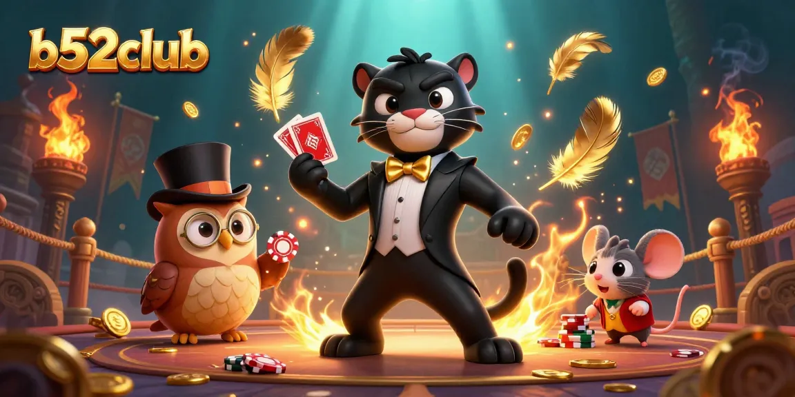 Experience thrilling moments at b52club with 3D illustrated characters playing cards and surrounded by vibrant game elements.