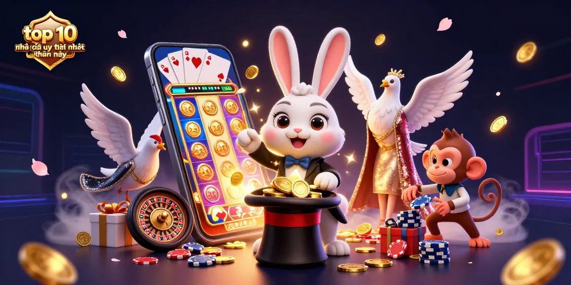 Engaging fantasy scene showcasing top 10 nhà cái uy tín nhất hiện nay with a magician rabbit pulling coins, exciting casino elements.