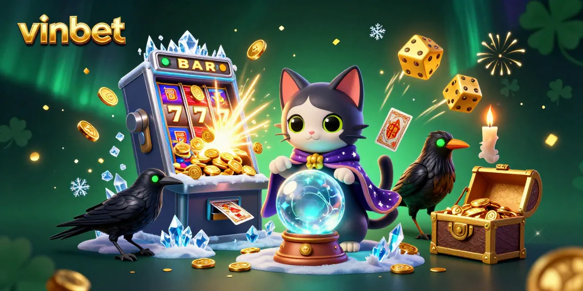 Experience the magic of vinbet with a vibrant casino illustration showcasing jackpots, fortune teller, and thrilling games.