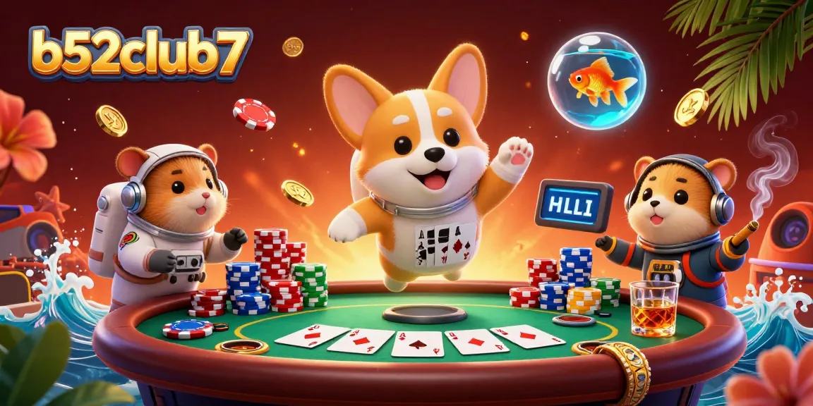 Join the excitement at b52club7 with a dynamic casino scene featuring gaming elements and characters in action.