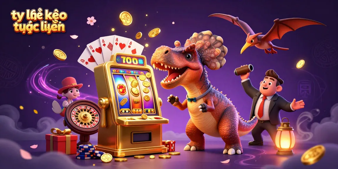 A vibrant scene of tỷ lệ kèo trực tuyến featuring colorful slot games, exciting characters, and cascading coins.