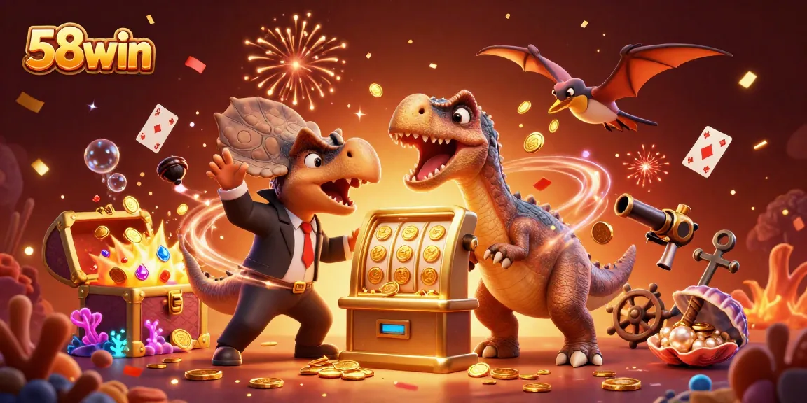 Experience thrilling wins at 58win with a dinosaur-themed jackpot scene showcasing excitement and rewards!