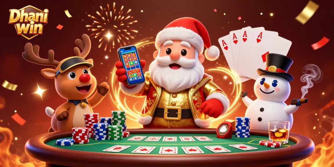 Play exciting games on Dhani win with a festive casino scene featuring Santa Claus and friends.