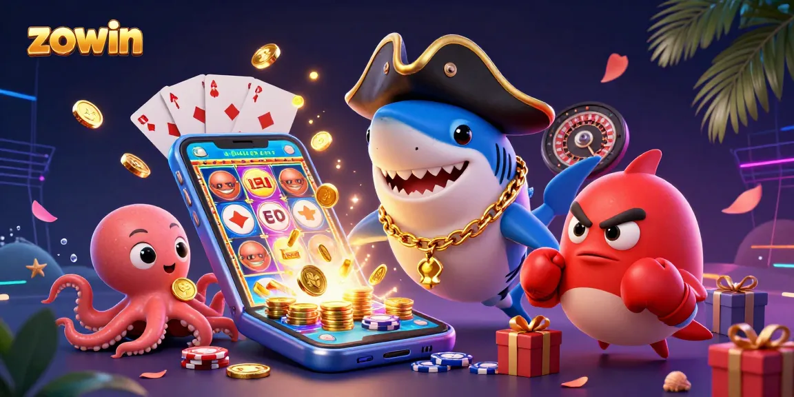 Zowin casino illustration featuring a cartoon shark, pufferfish, and octopus in a vibrant gaming scene.