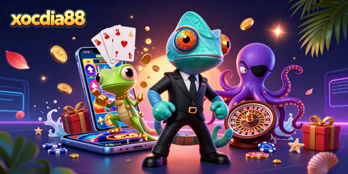 xocdia88 adventure with colorful slot games and vibrant characters in a dynamic casino setting