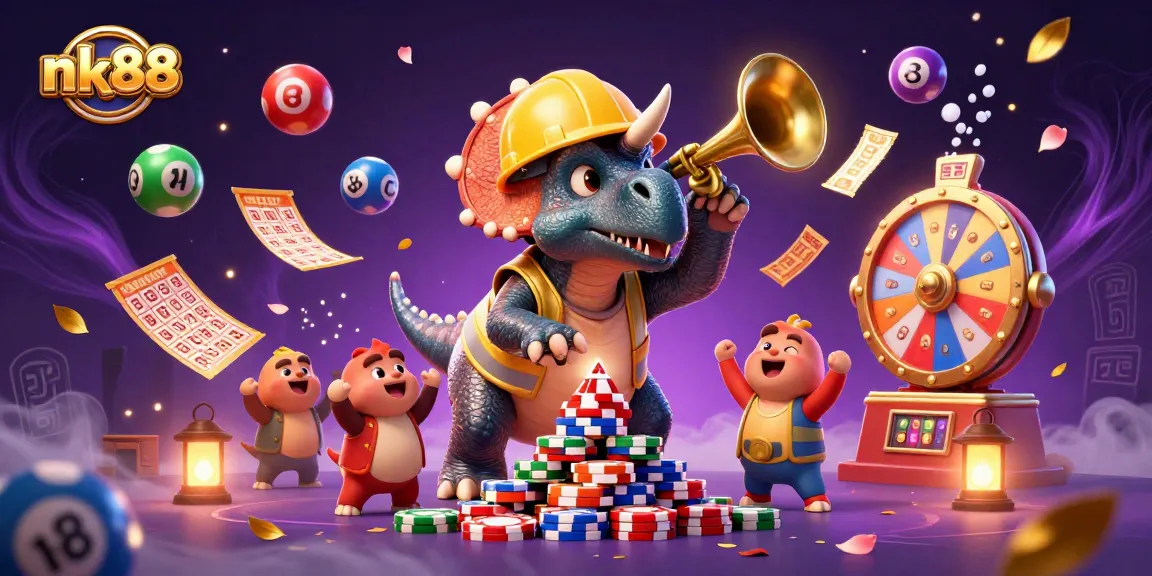 Experience nk88's vibrant poker celebration with triceratops, lottery balls, and colorful prizes!