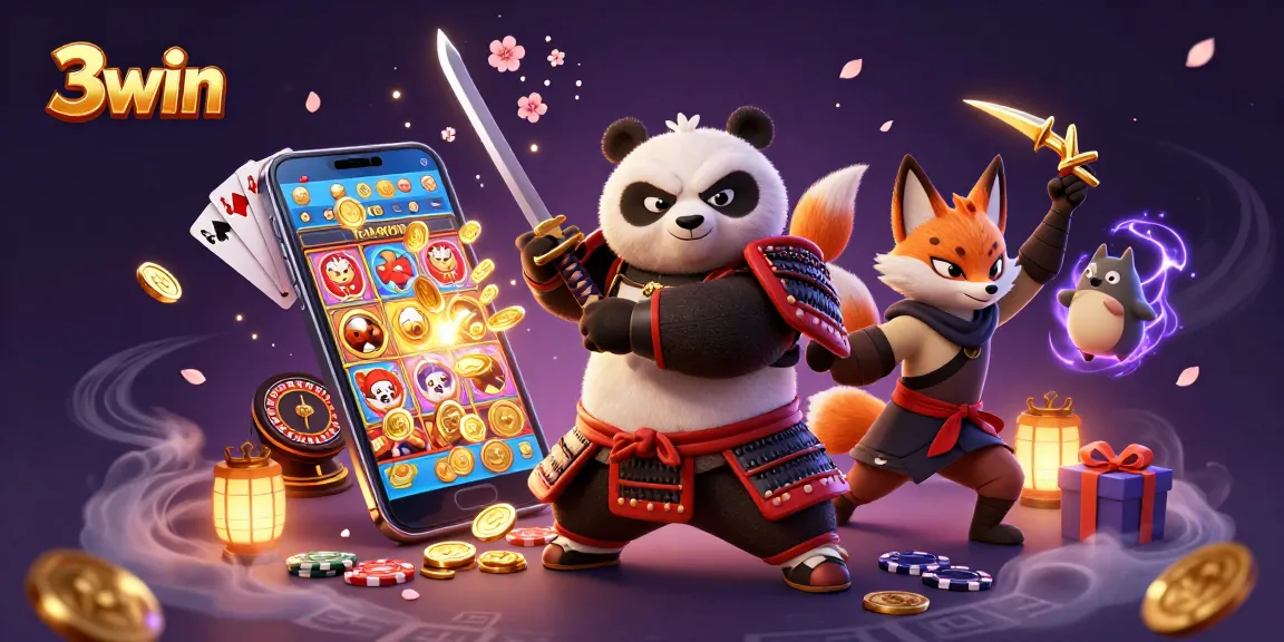 Experience the thrill of 3win with a vibrant 3D casino scene featuring samurai panda and ninja fox.