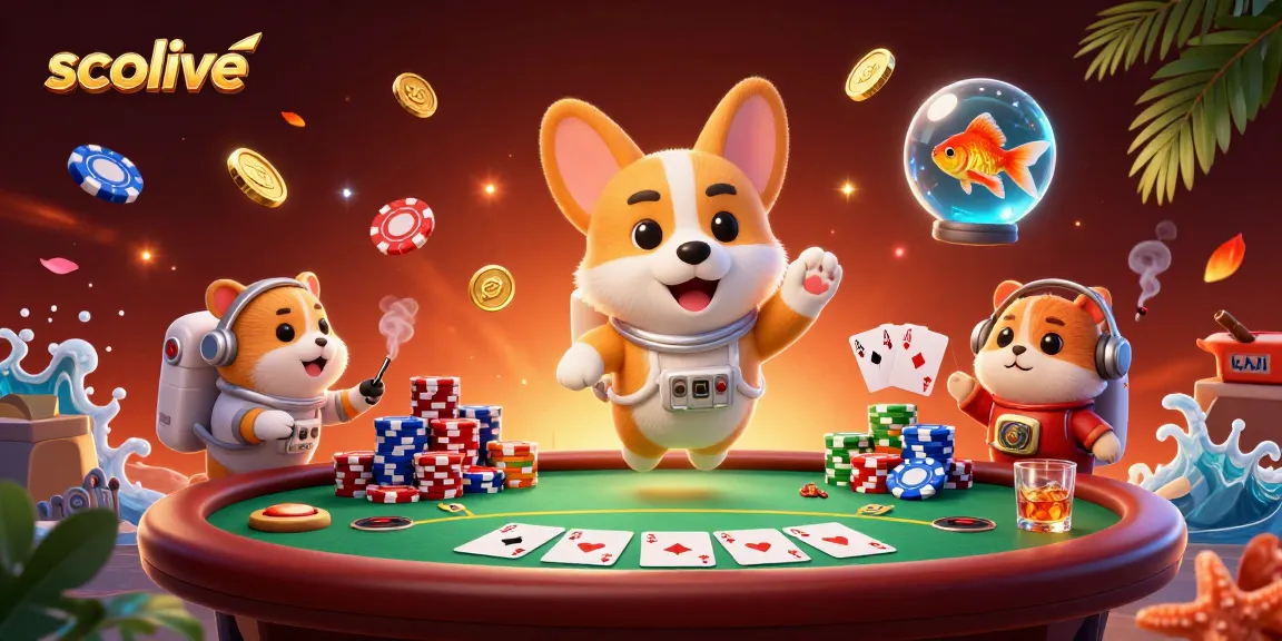 Socolive showcases a playful 3D astronaut corgi casino scene with floating poker chips and vibrant casino elements.