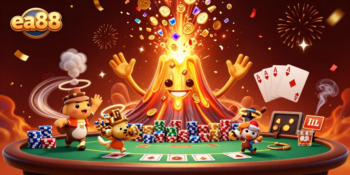 Win big at ea88 with a triumphant volcano erupting treasures, poker chips, and celebrating animals.