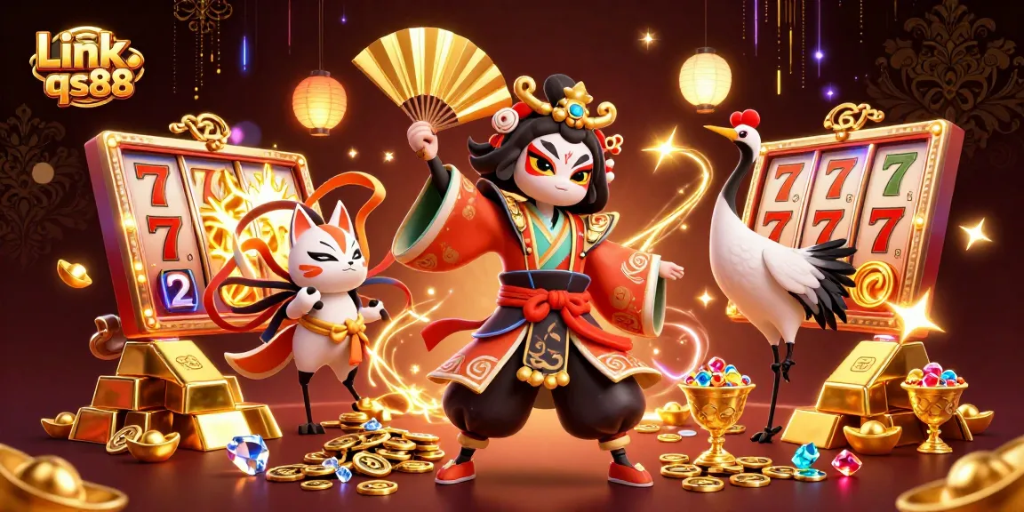 Play captivating slot games with Link qs88, featuring vibrant characters and golden treasures.