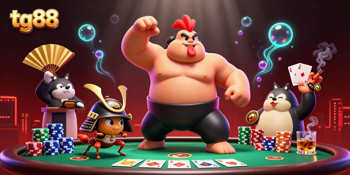 Experience the thrill of tg88 as the powerful sumo rooster dominates the poker table in a vibrant casino scene.