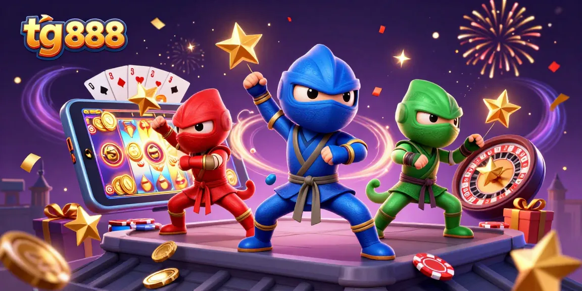 Experience thrilling games at tg 888 with chameleon ninjas and exciting casino elements in a colorful scene.