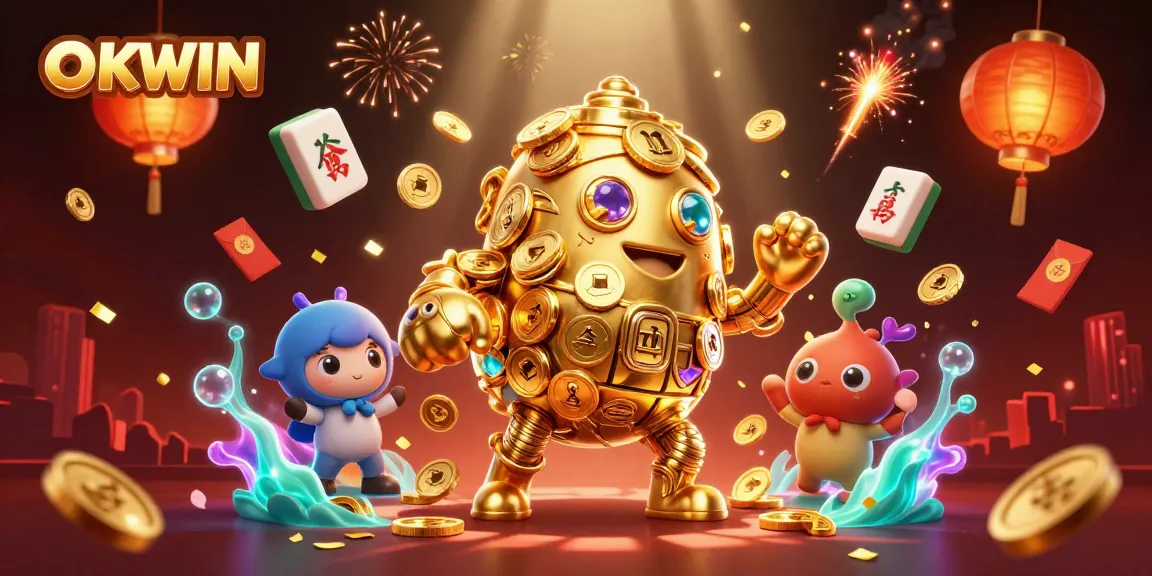 Engage with OKWIN's ancient golden golem surrounded by dynamic casino elements, boosting winnings.
