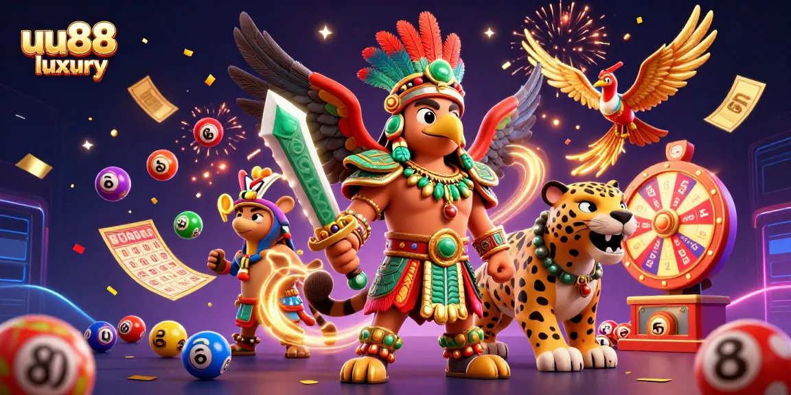 Engage with uu88 luxury's exciting gaming scene featuring vibrant lottery balls, prizes, and warriors!