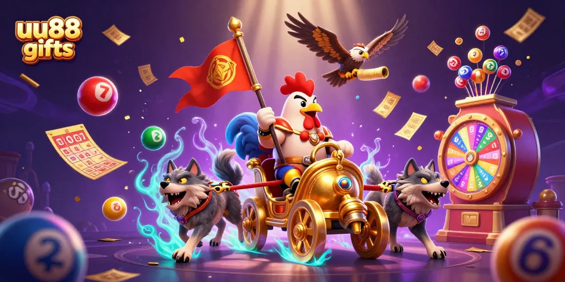 Experience the thrill of uu88 gifts with a vibrant 3D rooster warlord scene packed with colorful gaming elements.