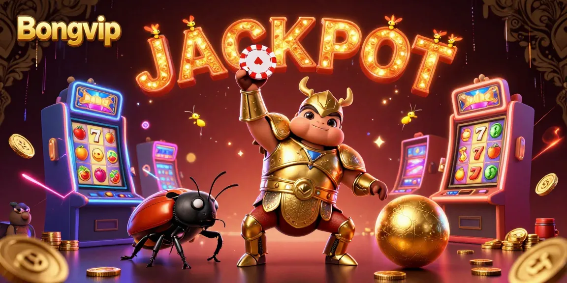Bongvip champions slot gaming with a victorious beetle amidst vibrant 3D slots and golden coins.