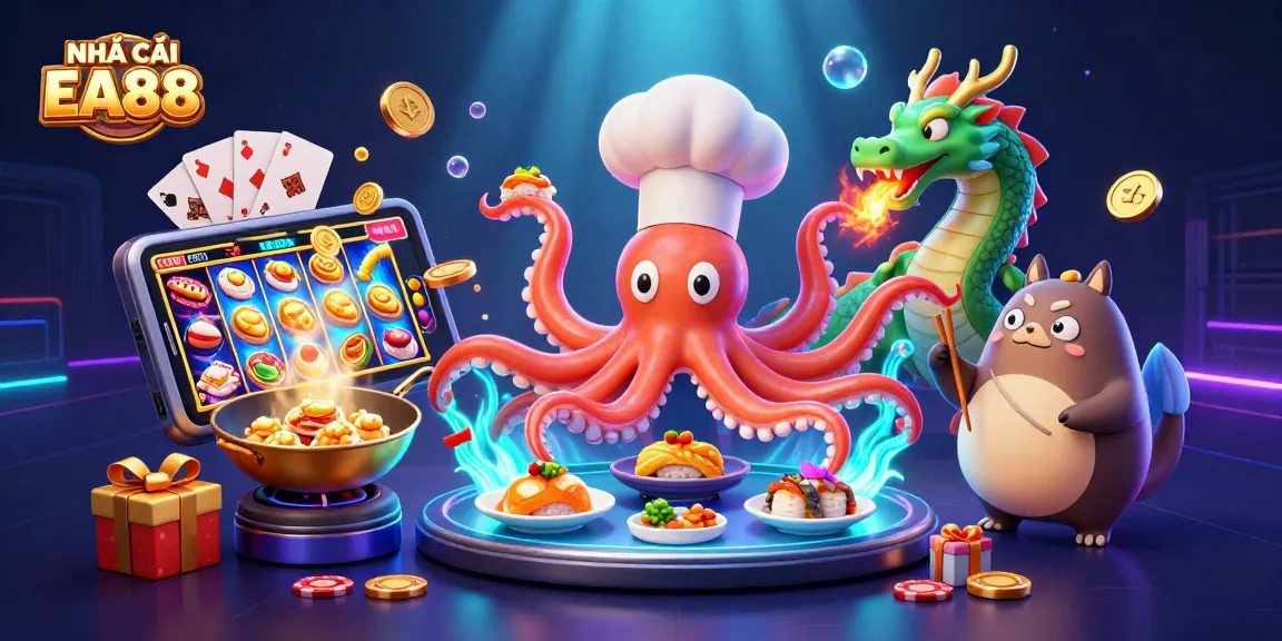 Experience the excitement at NHÀ CÁI EA88 as a sushi chef octopus and friends engage in thrilling gaming.