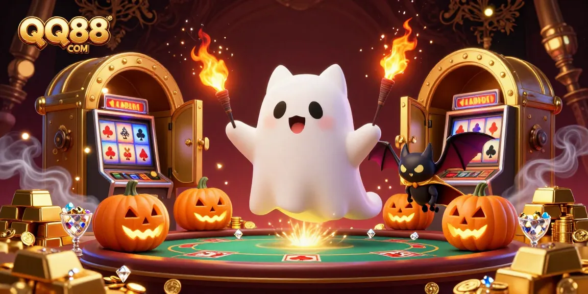 Experience the excitement at QQ88 COM with a friendly ghost cat, treasure vaults, and glowing jackpots.