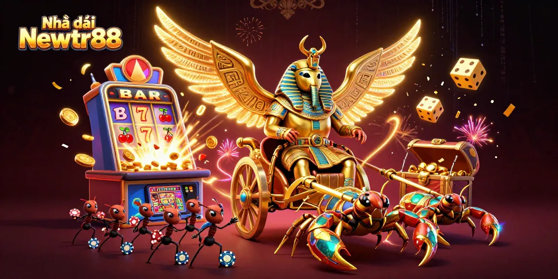 Play with excitement at Nhà cái Newtr88, where golden scarabs and vibrant casino elements create a thrilling atmosphere.
