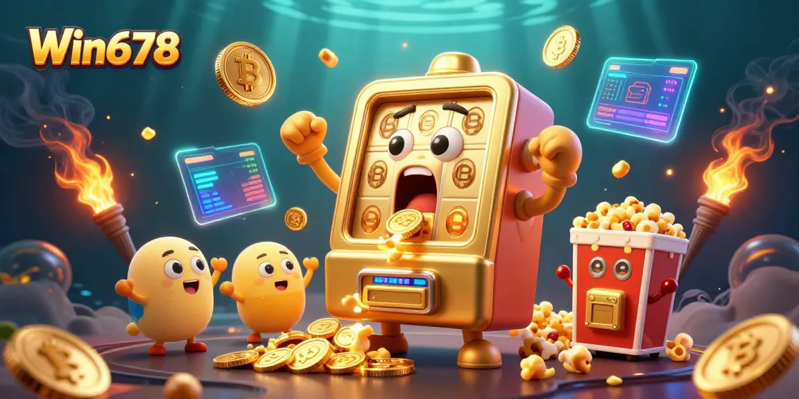 Win678's golden slot machine hits a jackpot, filled with exciting game elements and vibrant details.